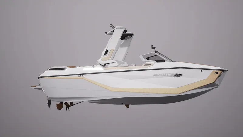 Slide: The Image of 2026 Nautique Super Air Nautique G23 Paragon boat, sleek white and gold design. - 16