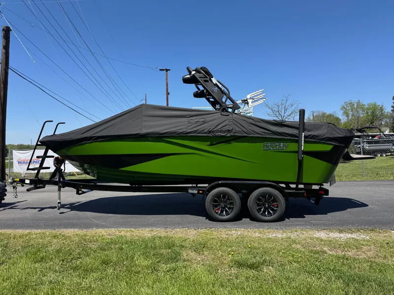 Slide: The Image of 2025 Heyday H22 boat in green on a trailer, covered and parked outdoors. - 9