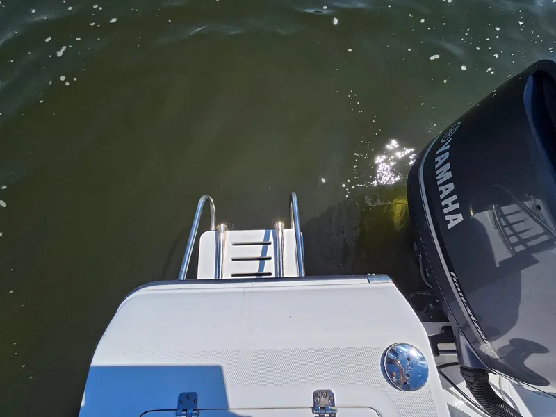 Slide: The Image of 2016 Edgewater 228CC boat with Yamaha engine and swim ladder on water. - 22