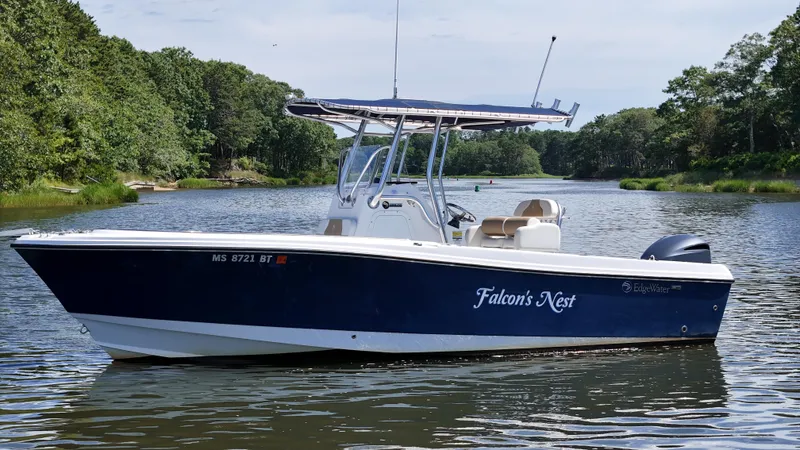 Slide: The Image of 2016 Edgewater 228CC boat named "Falcon's Nest" on a serene river. - 3