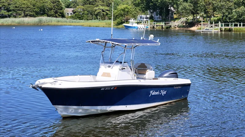 Slide: The Image of 2016 Edgewater 228CC boat on a serene lake with lush greenery. - 4