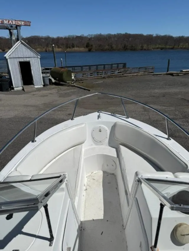 Slide: The Image of 2001 Edgewater 185DC boat docked near a serene lake with clear blue skies. - 4
