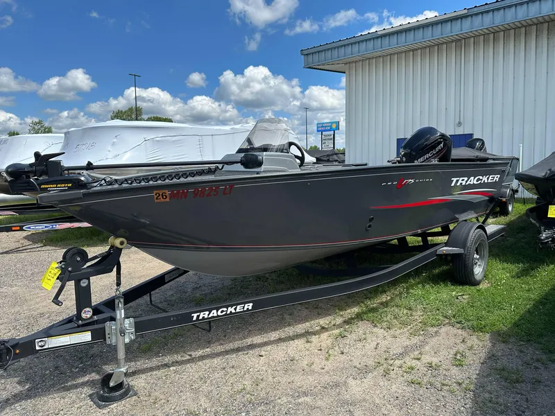Slide: The Image of 2018 Tracker Pro Guide V-175 SC fishing boat, aerial view, featuring seating and steering console. - 10