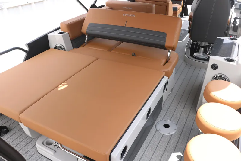 Slide: The Image of 2026 Sylvan G3 DLZ Bar boat interior with tan seating and modern design. - 23