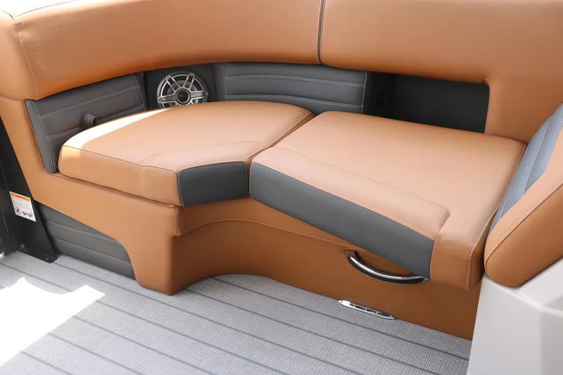 Slide: The Image of Luxurious seating on 2026 Sylvan G3 DLZ Bar boat with tan and gray upholstery. - 32