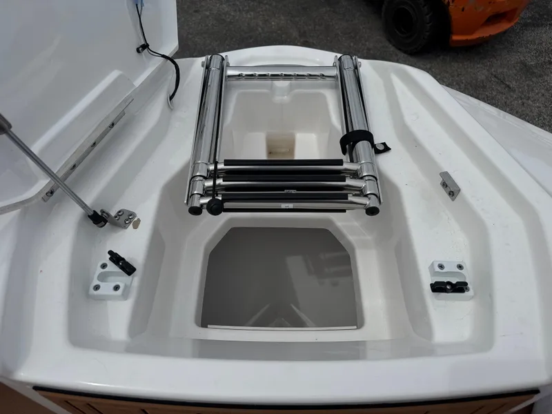 Slide: The Image of 2025 Yamaha Boats 252SD bow storage compartment with stainless steel ladder. - 13