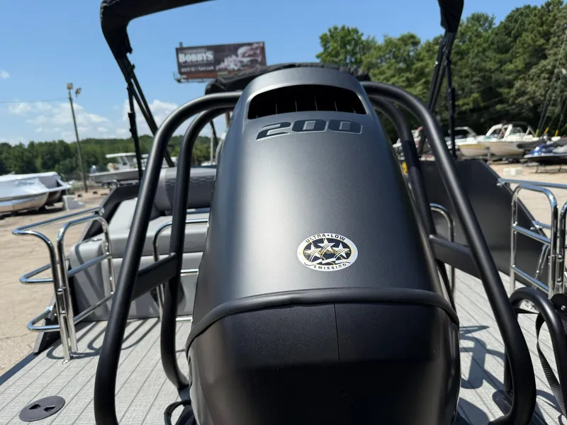 Slide: The Image of 2026 Bentley Pontoons Elite 253 Swingback with 200 HP engine, ultra-low emissions badge. - 15