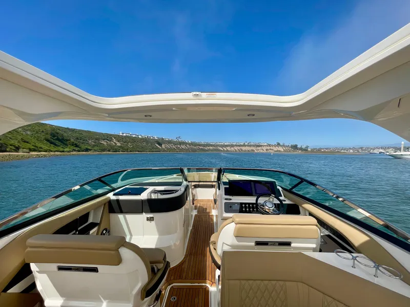 Slide: The Image of 2019 Sea Ray SLX 310 boat interior with open deck, luxurious seating, and scenic water view. - 12