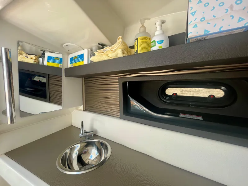 Slide: The Image of 2019 Sea Ray SLX 310 interior with sink, storage, and toiletries. - 31