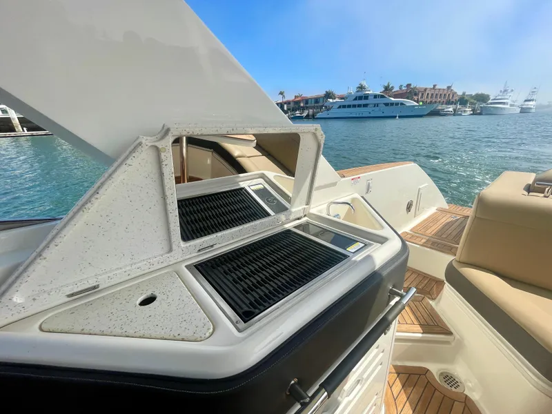 Slide: The Image of 2019 Sea Ray SLX 310 boat with open grill, docked by waterfront. - 43