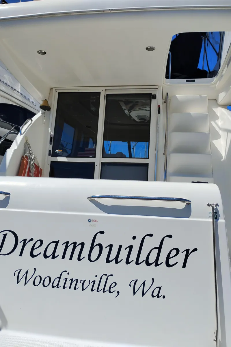 Slide: The Image of 2001 Bayliner 3488 Command Bridge Motoryacht, "Dreambuilder," docked in Woodinville, Washington. - 4
