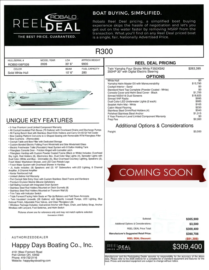 The Image of 2026 Robalo R300 Center Console boat on trailer at Happy Days Boating Co. - 0