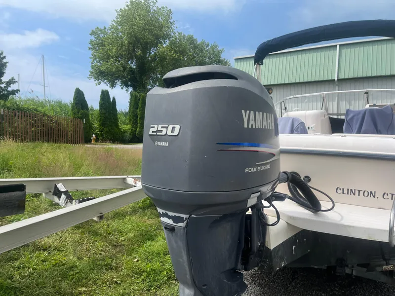 Slide: The Image of 2006 Grady-White Tournament 225 with Yamaha 250 outboard motor in a grassy area. - 1