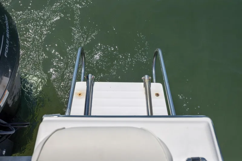 Slide: The Image of Boat ladder on 2010 Grady-White Sportsman 180, leading into green water. - 10