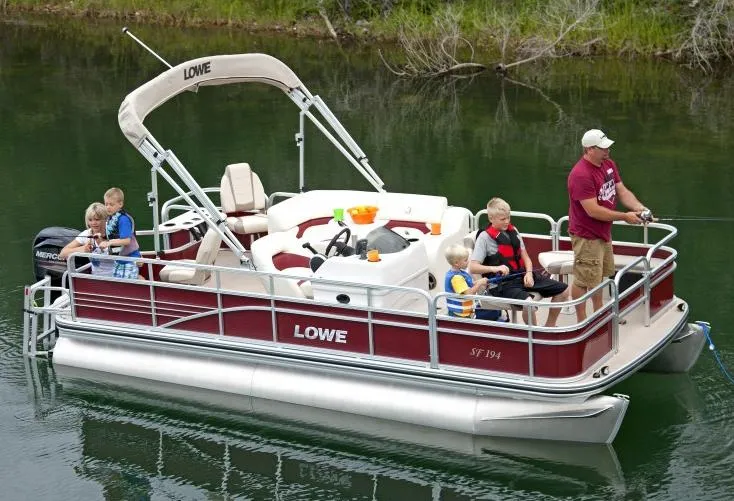 Slide: The Image of Manufacturer Provided Image: 2014 Lowe SF194 Sport Fish pontoon boat with family fishing on a lake. - 12