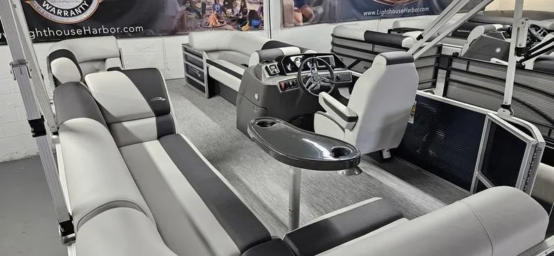 Slide: The Image of 2026 Bennington 20 SL pontoon boat interior with modern seating and sleek design. - 10