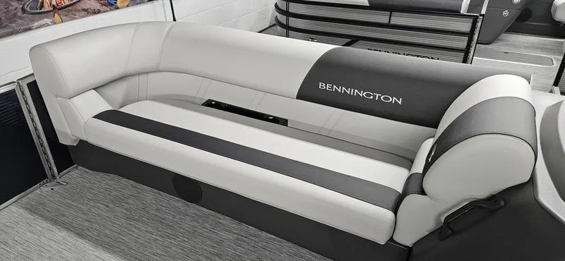 Slide: The Image of 2026 Bennington 20 SL boat interior with sleek, modern seating design. - 13