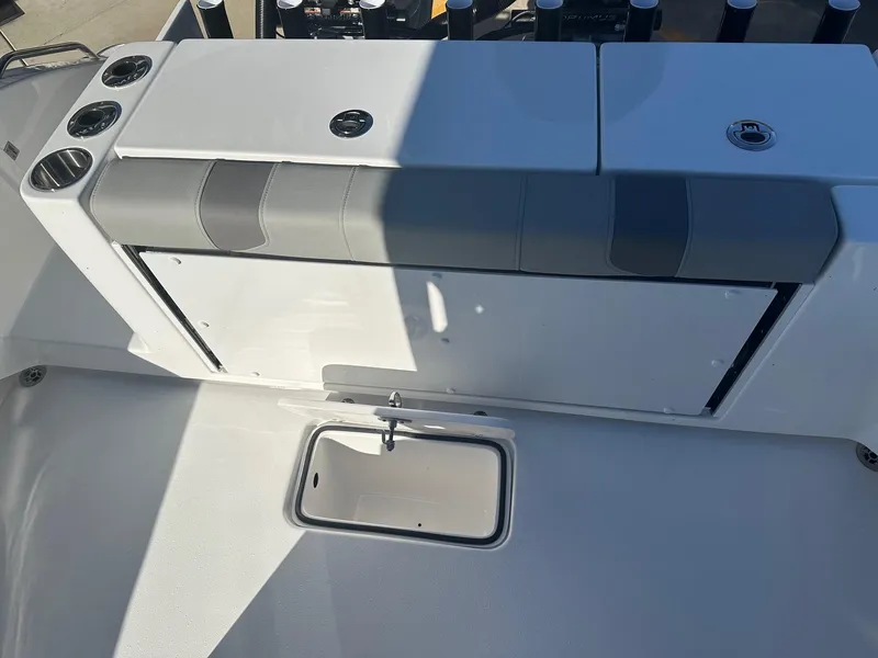 Slide: The Image of 2025 Cape Horn 28XS boat interior with seating and storage compartments. - 8