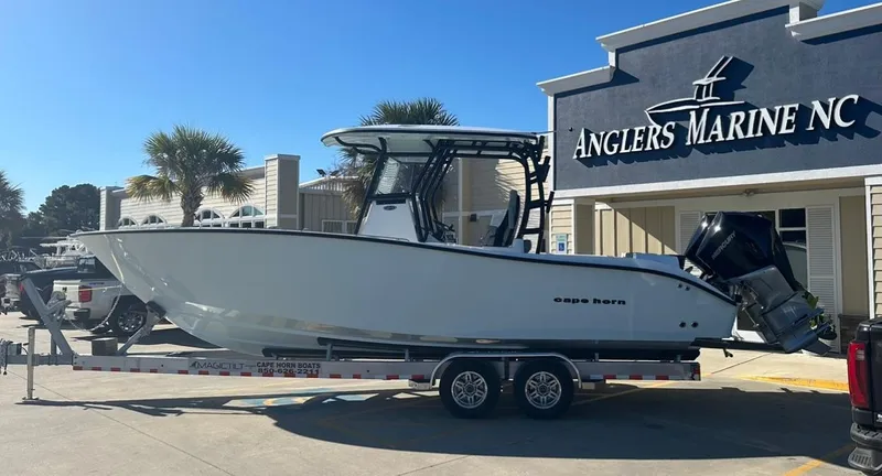Slide: The Image of 2025 Cape Horn 28XS boat on trailer at Anglers Marine NC dealership. - 23