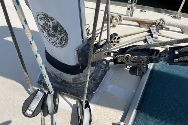 Slide: The Image of Close-up of 1988 Tartan 31 sailboat rigging and mast details. - 33