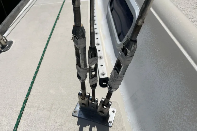 Slide: The Image of Close-up of rigging hardware on a 1988 Tartan 31 sailboat deck. - 37