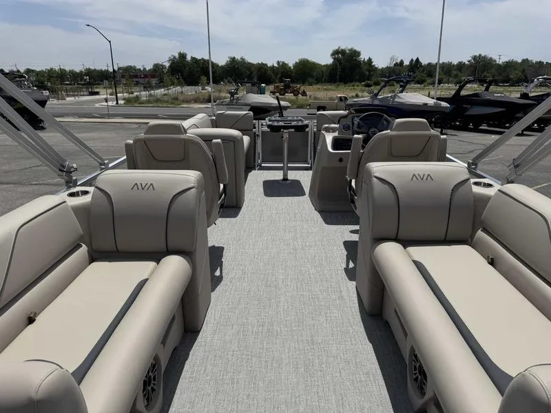 Slide: The Image of 2025 Avalon 2180 23 Venture QL pontoon boat with spacious seating and modern design. - 6