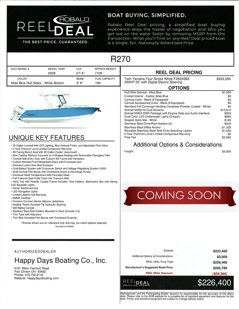The Image of 2026 Robalo R270 Center Console boat on trailer at Happy Days Boating Co. - 0