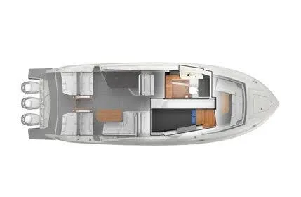 Slide: The Image of 2021 Tiara Yachts 38LX top view layout with triple engines and interior design. - 37