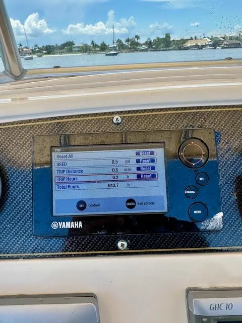 Slide: The Image of Yamaha display on 2012 Grady-White Fisherman 230 boat dashboard, showing trip data. - 15