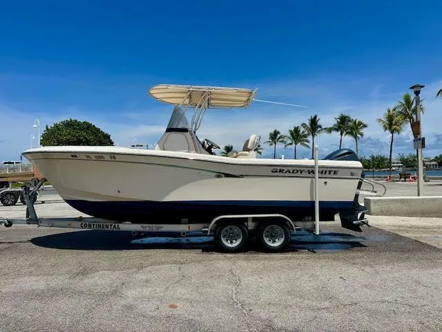 Slide: The Image of 2012 Grady-White Fisherman 230 boat on trailer, parked near palm trees. - 16