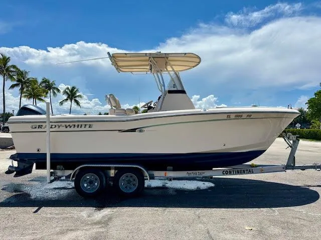 Slide: The Image of 2012 Grady-White Fisherman 230 boat on trailer, parked under a sunny sky. - 18