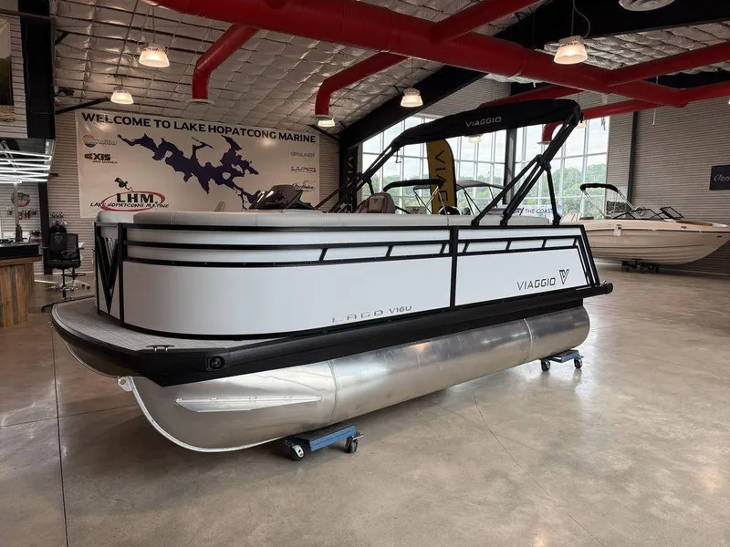 The Image of 2026 Viaggio V16U pontoon boat displayed at Lake Hopatcong Marine showroom. - 1