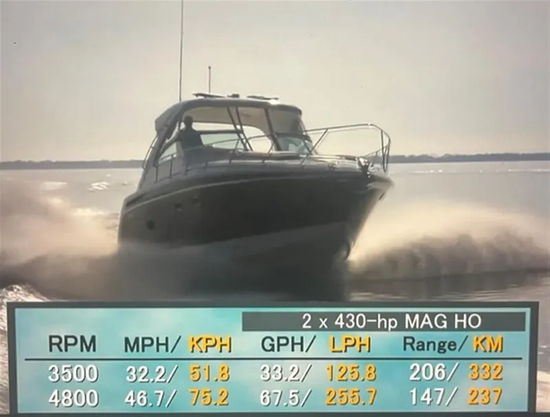 Slide: The Image of 2013 Formula 37 PC boat cruising with performance data overlay. - 12