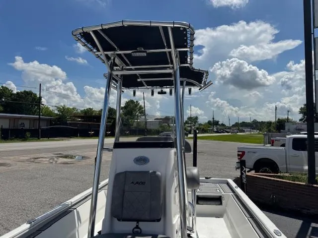 Slide: The Image of Avid 23 Mag 2025 boat with T-top, parked outdoors under a blue sky. - 16