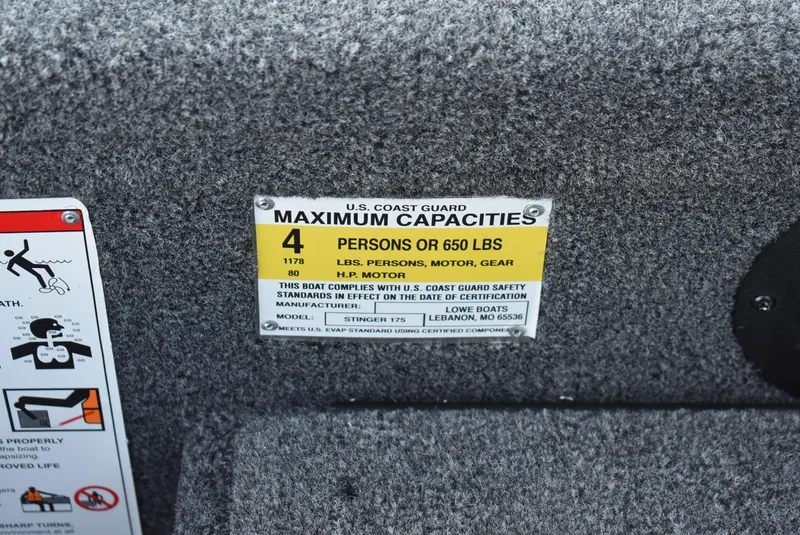 Slide: The Image of Capacity label on 2025 Lowe Stinger 175 boat, showing maximum load and safety instructions. - 13