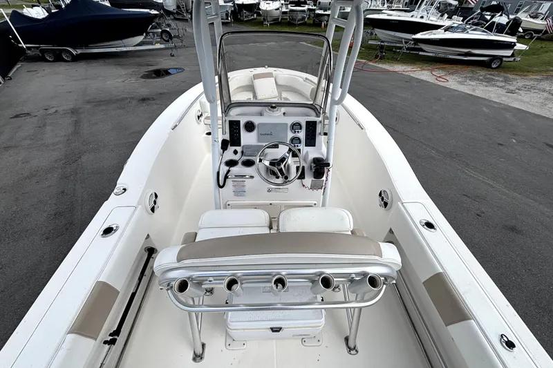 Slide: The Image of 2017 Robalo R200 Center Console boat interior with steering wheel and seating. - 16