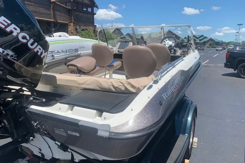 Slide: The Image of 2008 Ranger 1850VS boat with Mercury engine, parked outdoors under a clear blue sky. - 3