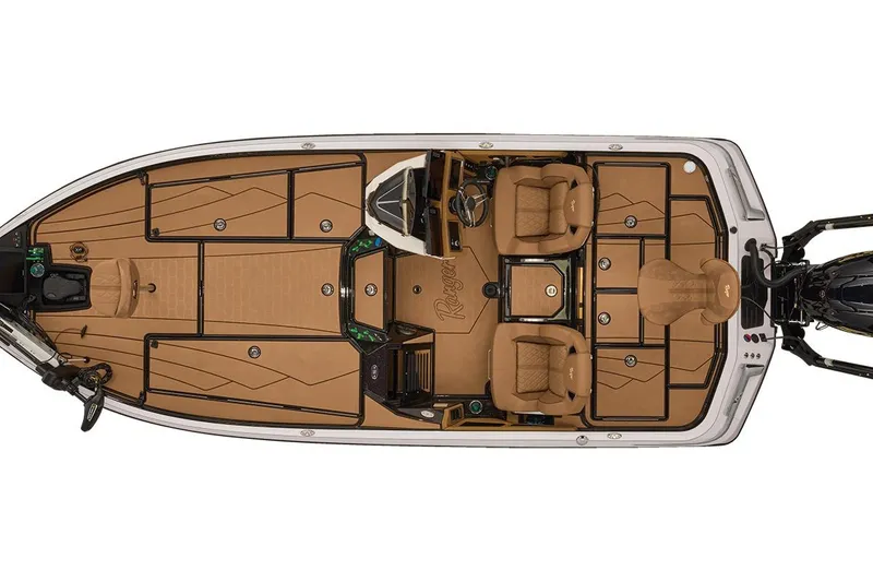 Slide: The Image of 2026 Ranger Z521R Ultra boat interior, top view, featuring tan seating and storage compartments. - 10