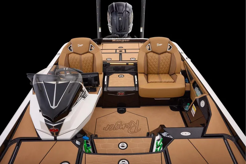 Slide: The Image of 2026 Ranger Z521R Ultra boat interior with luxurious seating and modern dashboard design. - 13