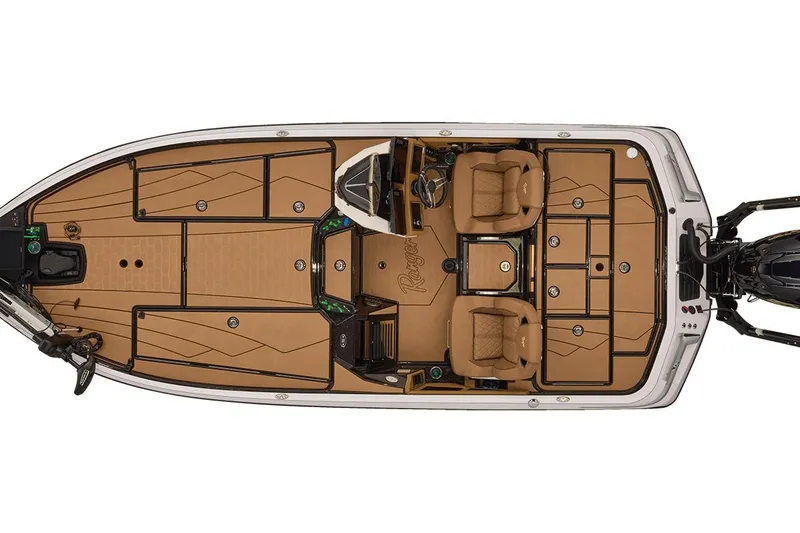 Slide: The Image of 2026 Ranger Z521R Ultra boat interior, top view, featuring tan seating and deck layout. - 3