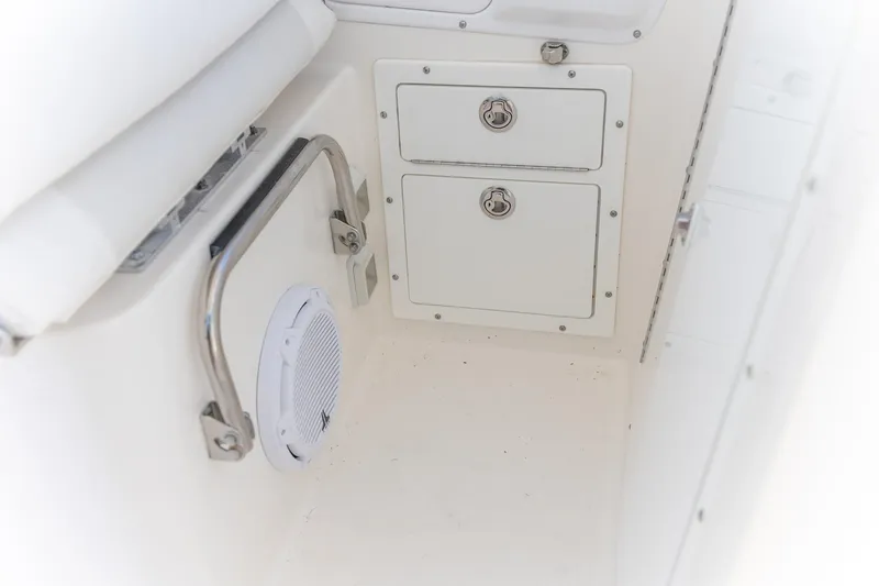 Slide: The Image of Interior storage area of 2015 Edgewater 280 CX boat with speaker and handrail. - 17