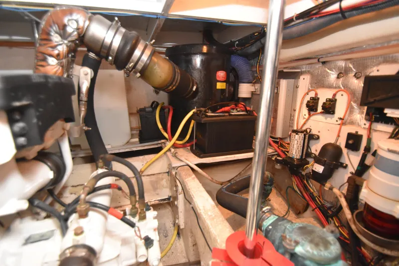Slide: The Image of Engine room of 2007 Silverton 38 Convertible with wiring and mechanical components. - 35