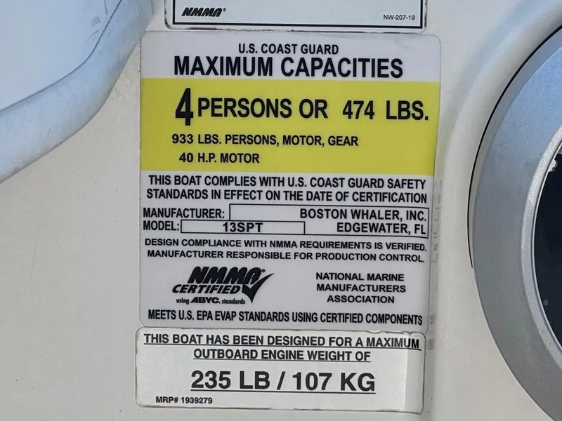 Slide: The Image of 2021 Boston Whaler 130 Super Sport capacity label, detailing maximum weight and passenger limits. - 15