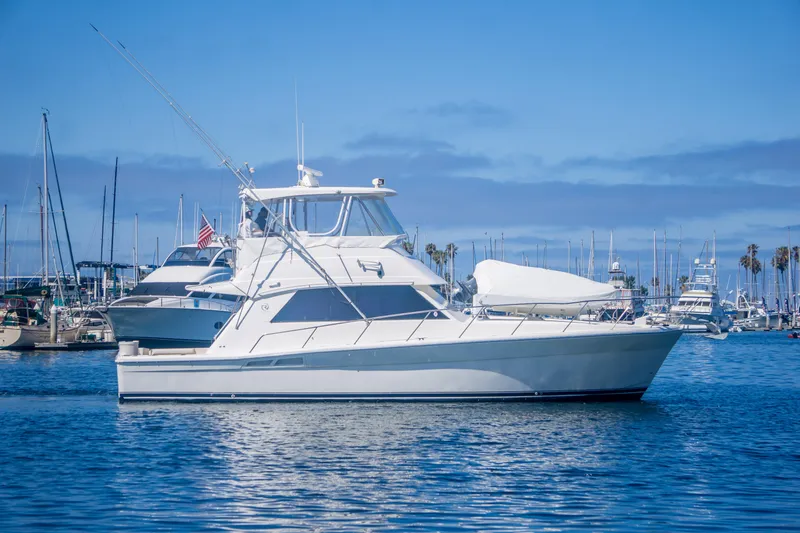 The Image of 1999 Riviera 43 Open Flybridge yacht docked in a marina under clear blue skies. - 0