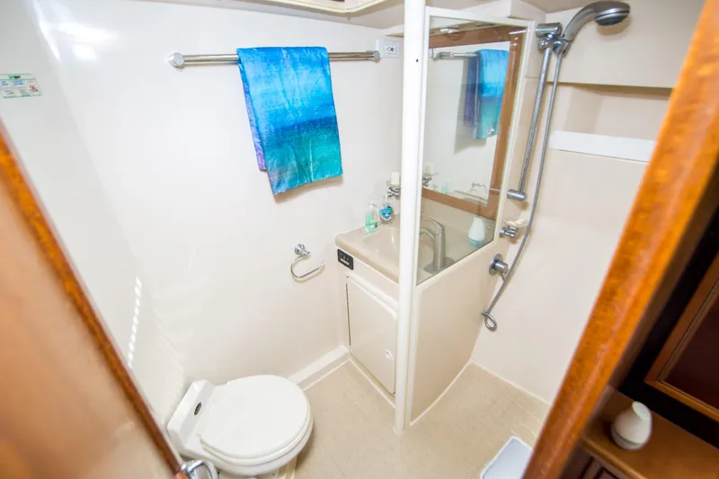 Slide: The Image of Bathroom in 1999 Riviera 43 Open Flybridge with shower, toilet, and colorful towel. - 30
