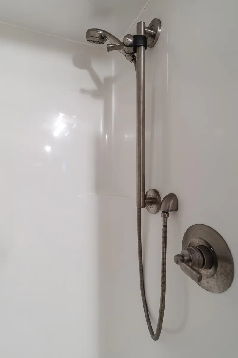 Slide: The Image of Stainless steel shower fixture in a Vic Franck 1984 pilothouse bathroom. - 39