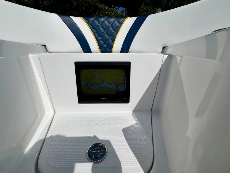 Slide: The Image of 2022 Midnight Express 37 Open boat cockpit with modern controls and stylish seating. - 10