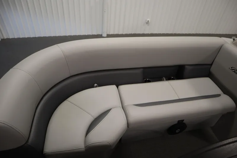 Slide: The Image of 2025 Bentley Pontoons 180 CRUISE LE interior seating with elegant gray upholstery. - 13