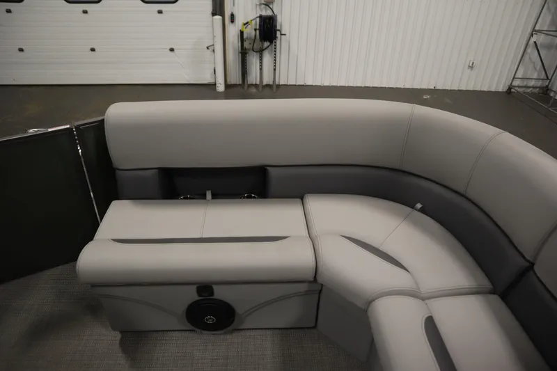 Slide: The Image of 2025 Bentley Pontoons 180 CRUISE LE interior seating, featuring luxurious gray upholstery. - 31