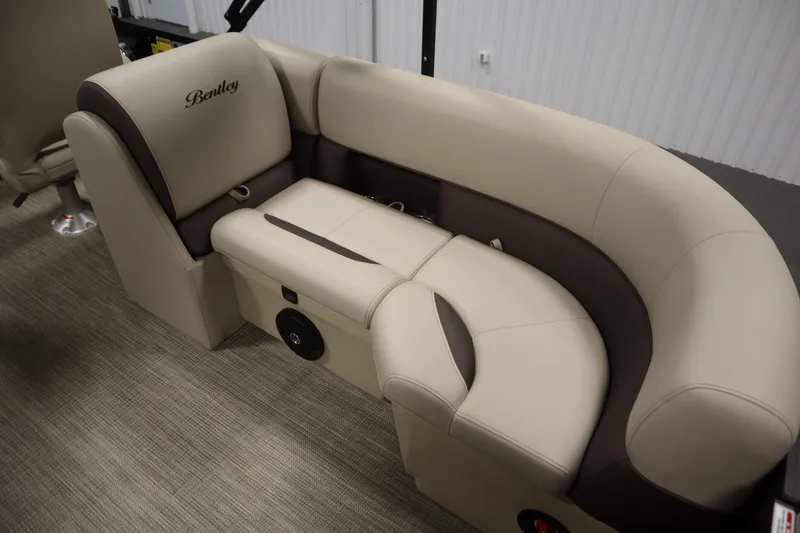 Slide: The Image of Luxurious seating in 2026 Bentley Pontoons 220 Navigator with beige and brown upholstery. - 32